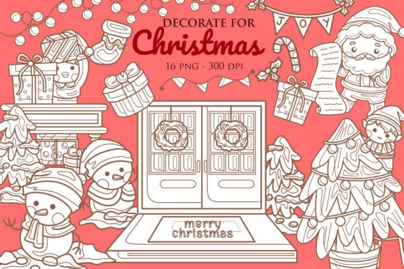 Christmas Cartoon Digital Stamp Outline Illustrations
