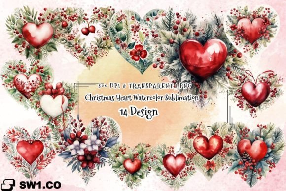 Christmas Heart Watercolor Sublimation Illustrations