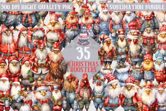 Christmas Roosters Bundle: 35 PNG Illustrations