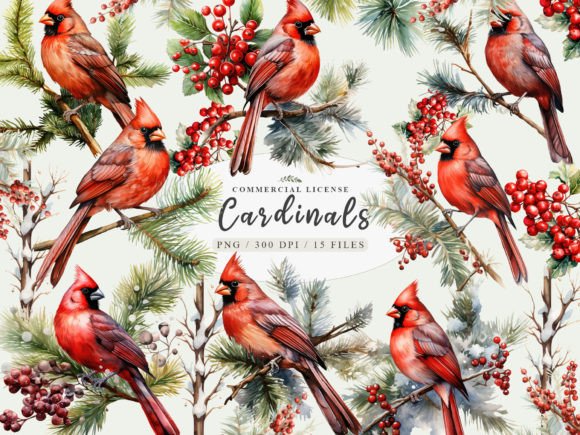 Red Cardinal Bird Clipart, Christmas Illustrations