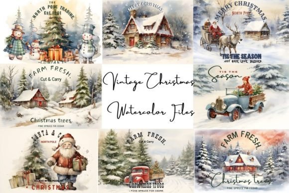 Vintage Christmas Watercolor Files & Illustrations