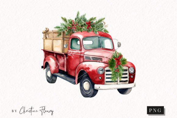 Vintage Red Christmas Truck Clipart for Illustrations