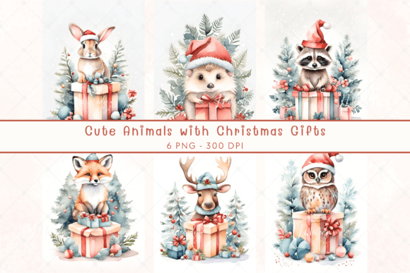 Watercolor Animals with Christmas Gifts Illustrations