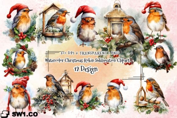 Watercolor Christmas Robin Sublimation Illustrations